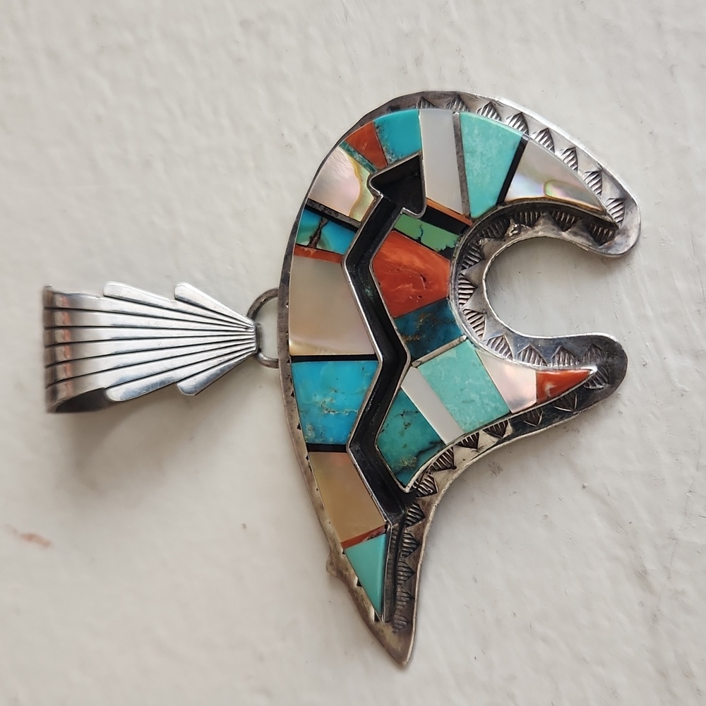 Vintage Native American Navajo Vintage Inlaid Bear Pendant by Danny Clark 💙🐻 - Picture 2 of 13